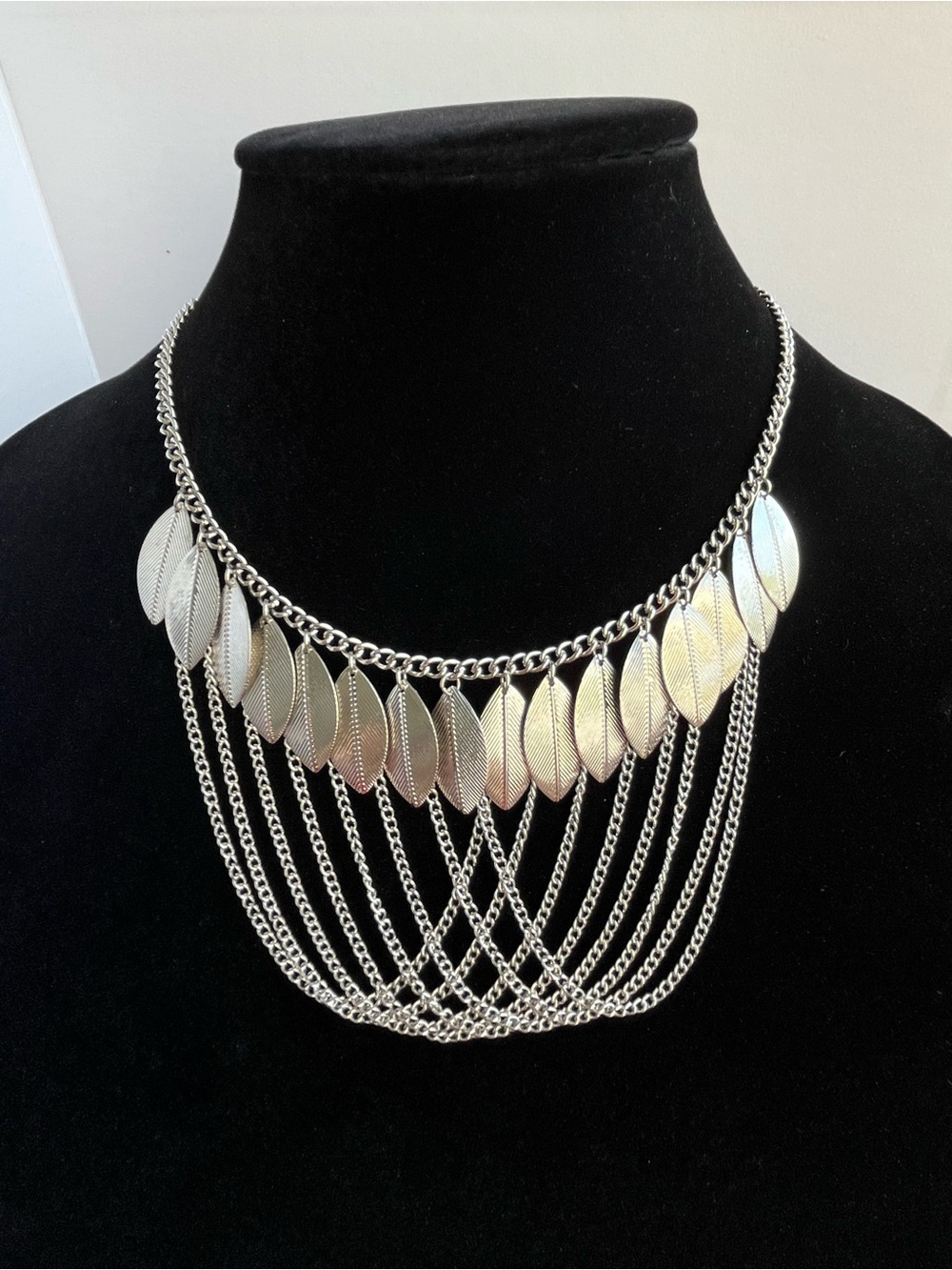 Silver Tone Leaf & Draping Chain Statement Necklace - Boho Bib - 16"+3"